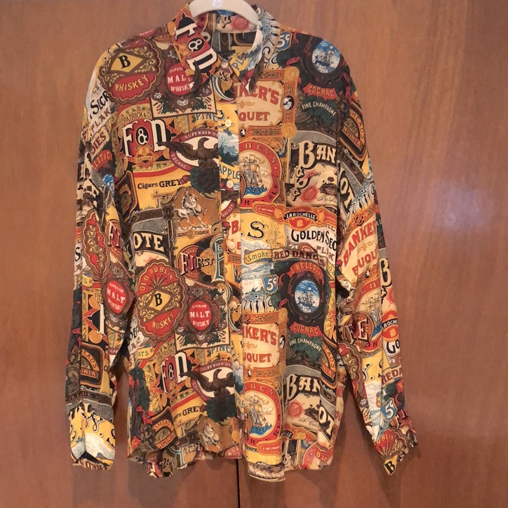 Company By Ellen Tracy Vintage Cigar/Whiskey Collage Pattern Silk Blouse - EUC